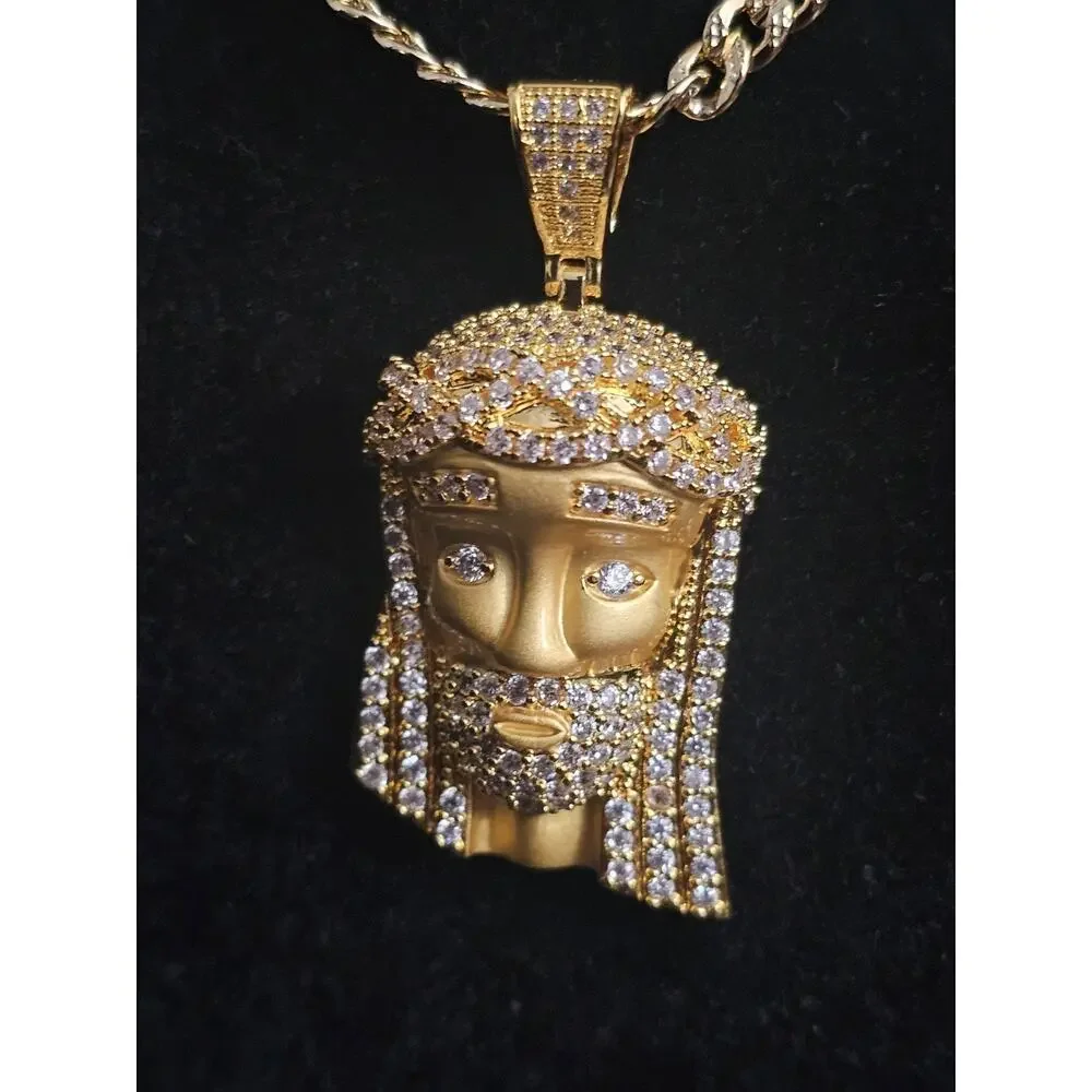 Combo24in 14k Gold-Plated brass-4mm Cuban chain wCZs Jesus facePendant and7 ring
